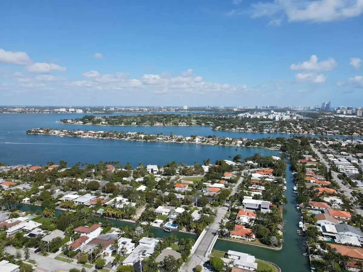 Aerial view of South Florida coastal neighborhoods and waterways